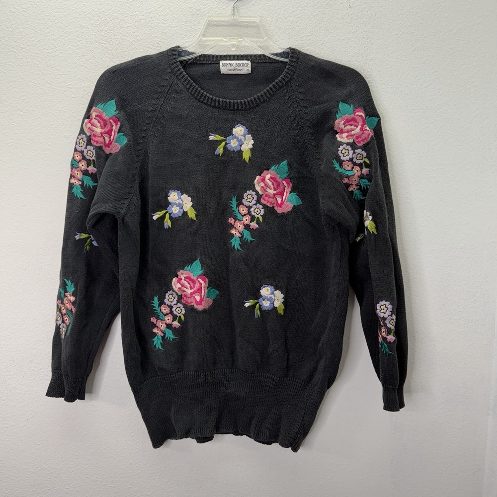 Vtg 80s Bonnie Boerer Sweater Womens M Floral Embroidered Granny Grandma Core